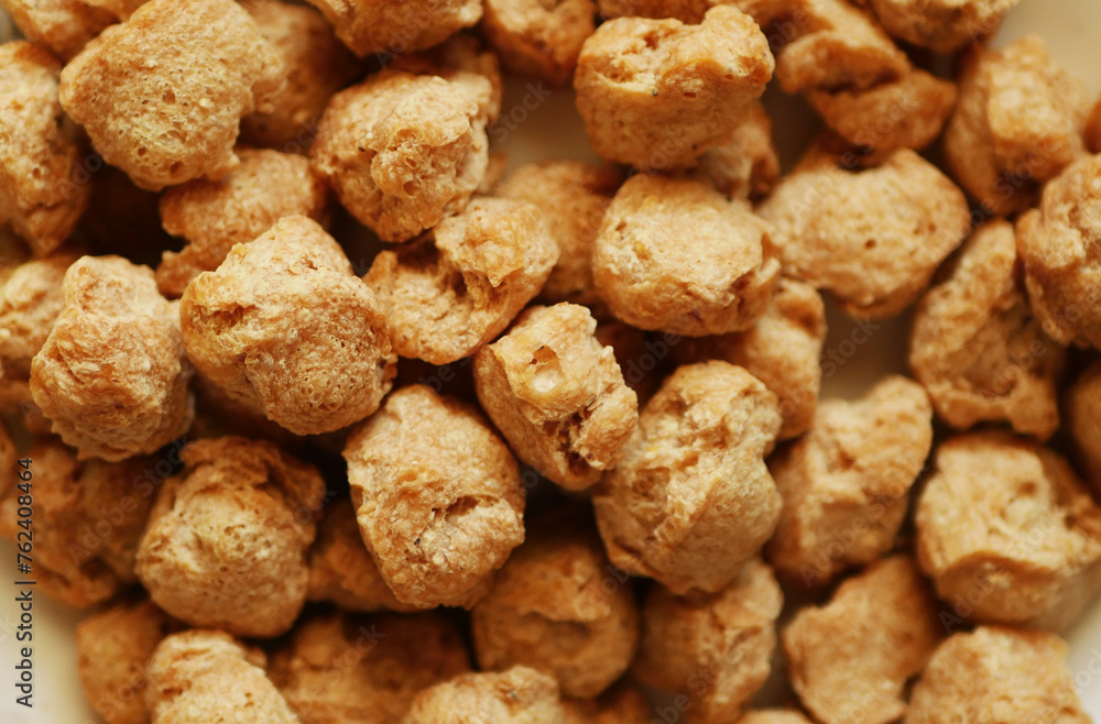 Dehydrated soy texture. Vegan meat. Food background Dehydrated soy texture. Vegan meat. Food background