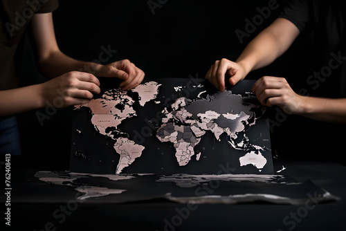 Hand holding world map.