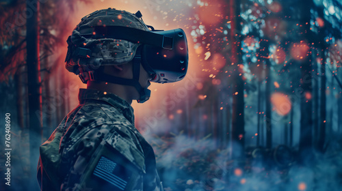 : In a haunting forest setting, a soldier equipped with VR goggles experiences a training scenario, showcasing the fusion of virtual reality and field tactics in the military