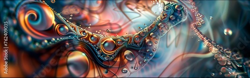 A digital artwork featuring an intricate and colorful abstract design, created through computer graphics. The design is complex and visually engaging, with a mix of geometric shapes and vibrant colors