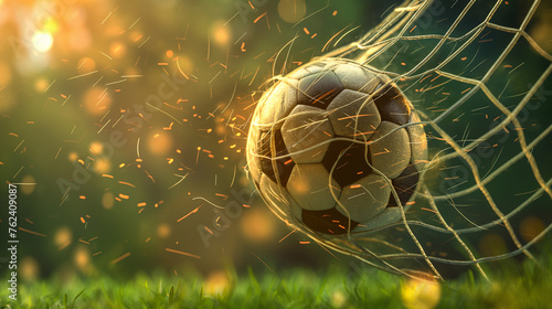 A soccer ball flies into the goal, with a closeup of a football in the net on a green grass background.