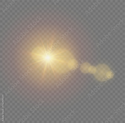 Vector transparent sunlight special lens flare light effect. Lens flare light effect. Sun flash with warm rays and spotlight. Isolated star burst in sky