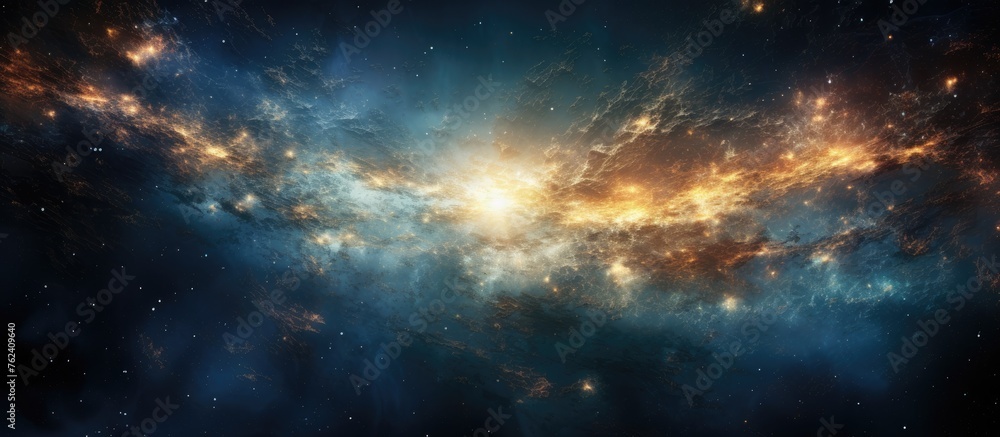 An artists depiction of a galaxy in the deep void of space, showcasing swirling clouds of gas and dazzling astronomical objects amidst a vast cosmic landscape