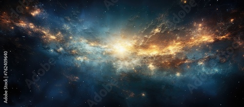 An artists depiction of a galaxy in the deep void of space, showcasing swirling clouds of gas and dazzling astronomical objects amidst a vast cosmic landscape