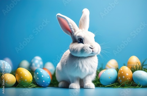 happy Easter. The banner. A rabbit is sitting on a blue background. Colorful eggs are lying nearby. An atmospheric, beautiful, stylish postcard. Holiday. Copy space. © Ольга Деревяженкова
