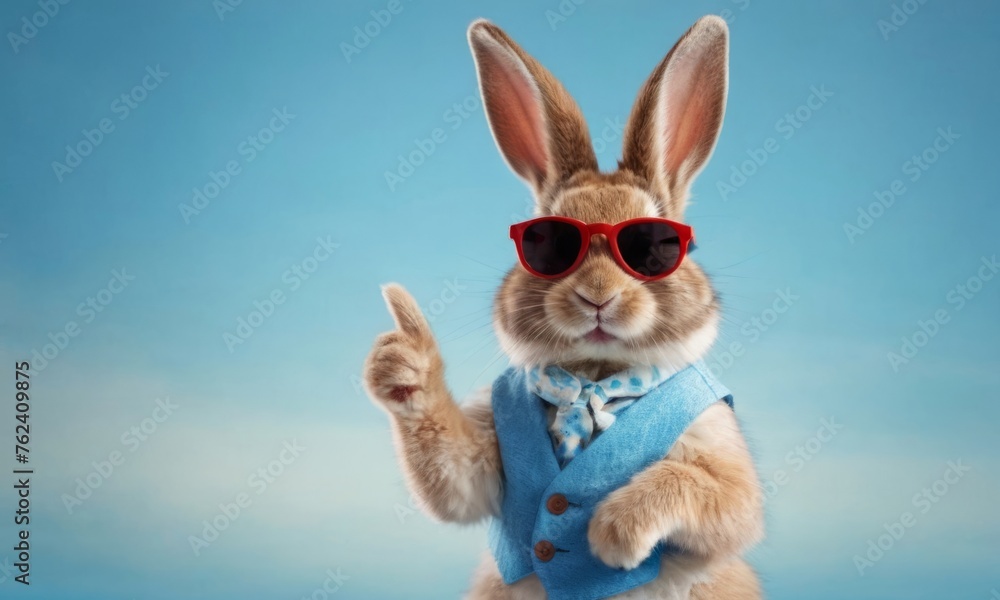 cute easter animal - easter bunny wearing sunglasses giving thumbs up isolated on blue background
