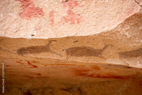 Close up of colourful animal rockpaintings of llamas and handprints on at Cueva de las Manos, UNESCO World Heritage Site, Patagonia, Argentina