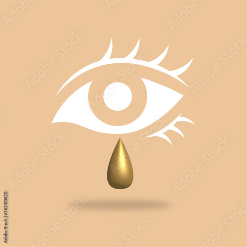 Eye with golden tear vector illustration. Crying eyes.