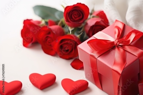 A collection of vibrant red roses beside a red gift box with a silky bow on a white background, ideal for Valentine's Day. Romantic Red Roses and Gift on White