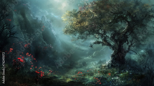 Mystical forest with a towering ancient tree, its branches sprawling under a hazy sky, surrounded by vibrant red flowers and enveloped in a serene, ethereal mist