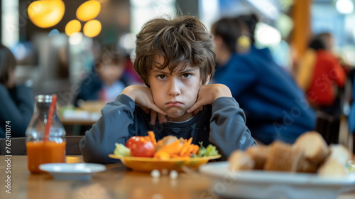 Unhappy young boy with a frown sitting in a cafeteria  his elbows on the table  looking dissatisfied with a healthy lunch plate in front of him