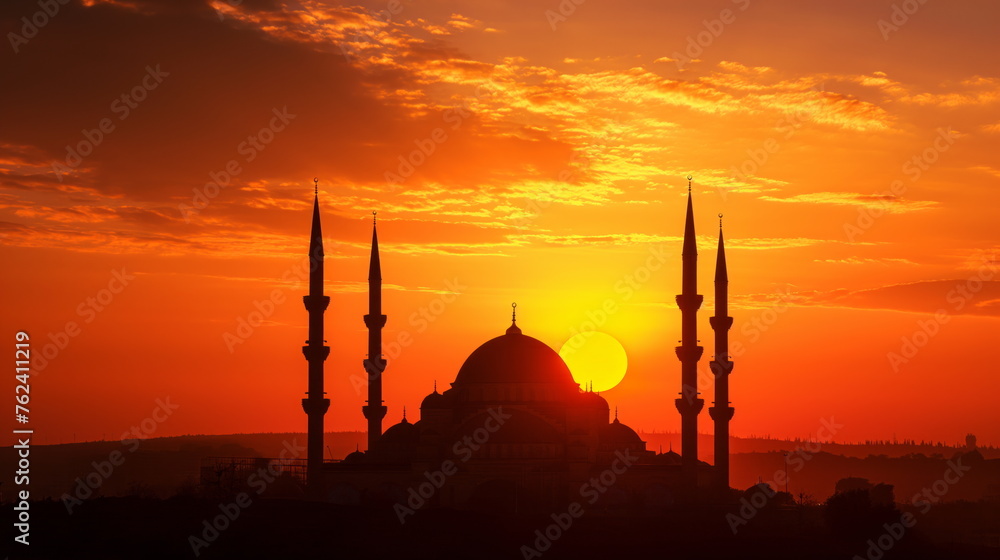 Silhouette Majestic islamic Mosque in water, Golden Sunset reflection, Holy holiday