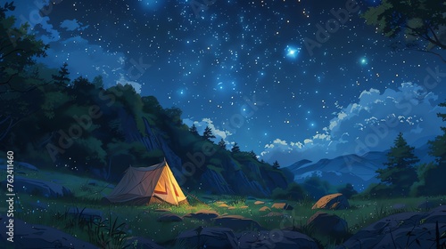 Illustration of a camping tent on the hill at night with stars. Digital painting. 