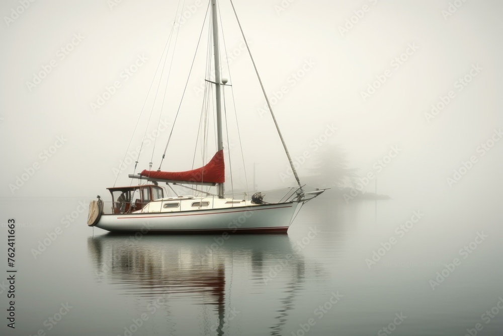 Gloomy Sailboat foggy day. Medieval sail. Generate Ai