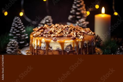a cake with caramel topping and pecans on a plate