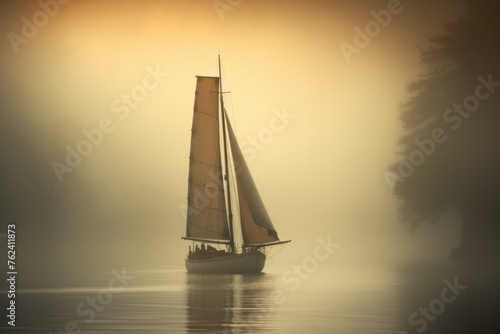 Chilly Sailboat foggy weather. Park vacation. Generate Ai