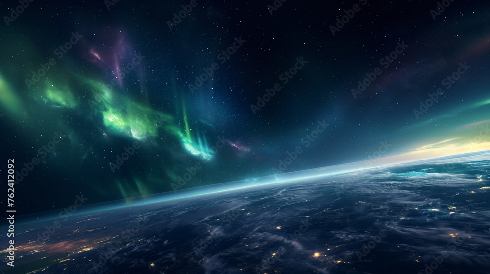 Panorama of orbit, on which the colorful lights of northern lights are visible, creating a magical heavenly sigh