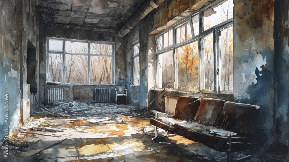 Generative AI Ruins of Pripyat near Chernobyl, overgrown amusement park, ghostly atmosphere, desolation, atmospheric watercolor depiction Generative AI Ruins of Pripyat near Chernobyl, overgrown amusement park, ghostly atmosphere, desolation, atmospheric watercolor depiction