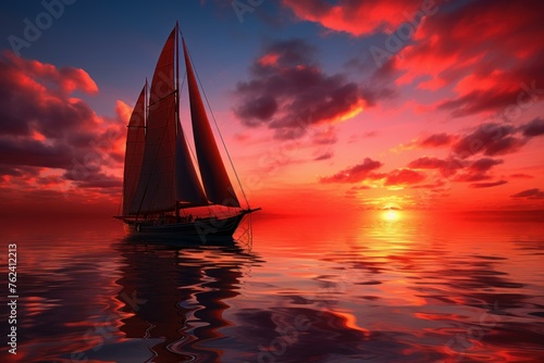 Vibrant Sailboat red sunset. Ocean boat. Generate Ai
