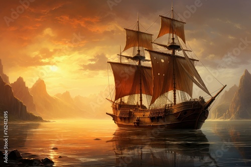 Sturdy Sailing ocean ship. Pirate yacht. Generate Ai