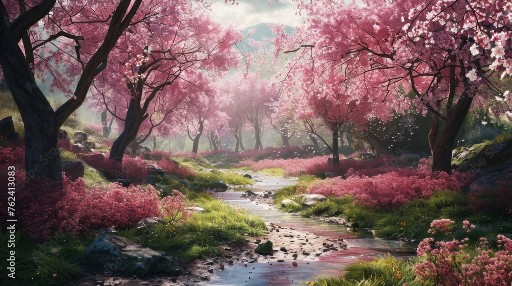 Naklejka premium A realistic painting depicting a stream meandering through a lush forest. Tall trees, green foliage, and a gentle flowing stream are the main elements of this beautiful landscape.