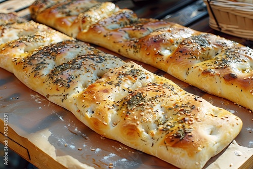 Freshly baked focaccia bread straight out of the oven