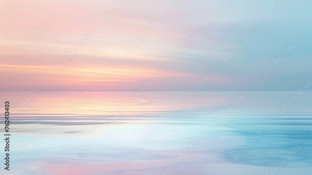 A serene seascape merges with the dawn sky, displaying a gentle interplay of soft pink and blue hues reflecting on calm waters.
