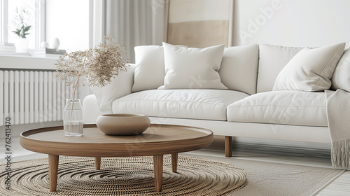 Modern Minimalist Living Room with Neutral Tones and Round Wooden Coffee Table