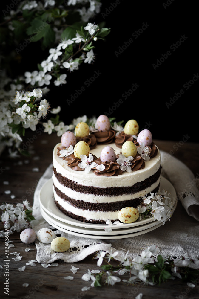 Fototapeta premium easter chocolate eggs. chocolate cake for Easter. cake decor