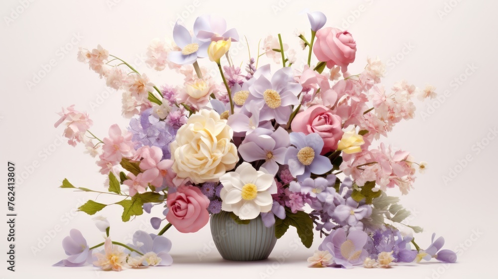Generative AI A picturesque display of a pastel-colored floral bouquet against a clean white backdrop, providing an ideal area for custom greetings or captions. Generative AI A picturesque display of a pastel-colored floral bouquet against a clean white backdrop, providing an ideal area for custom greetings or captions.