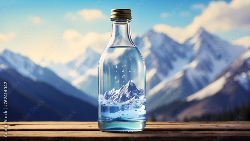 Bottle of crystal water against blurred nature snow mountain landscape background. Organic pure natural water. Healthy refreshing alkaline. Bottle of crystal water against blurred nature snow mountain landscape background. Organic pure natural water. Healthy refreshing alkaline.