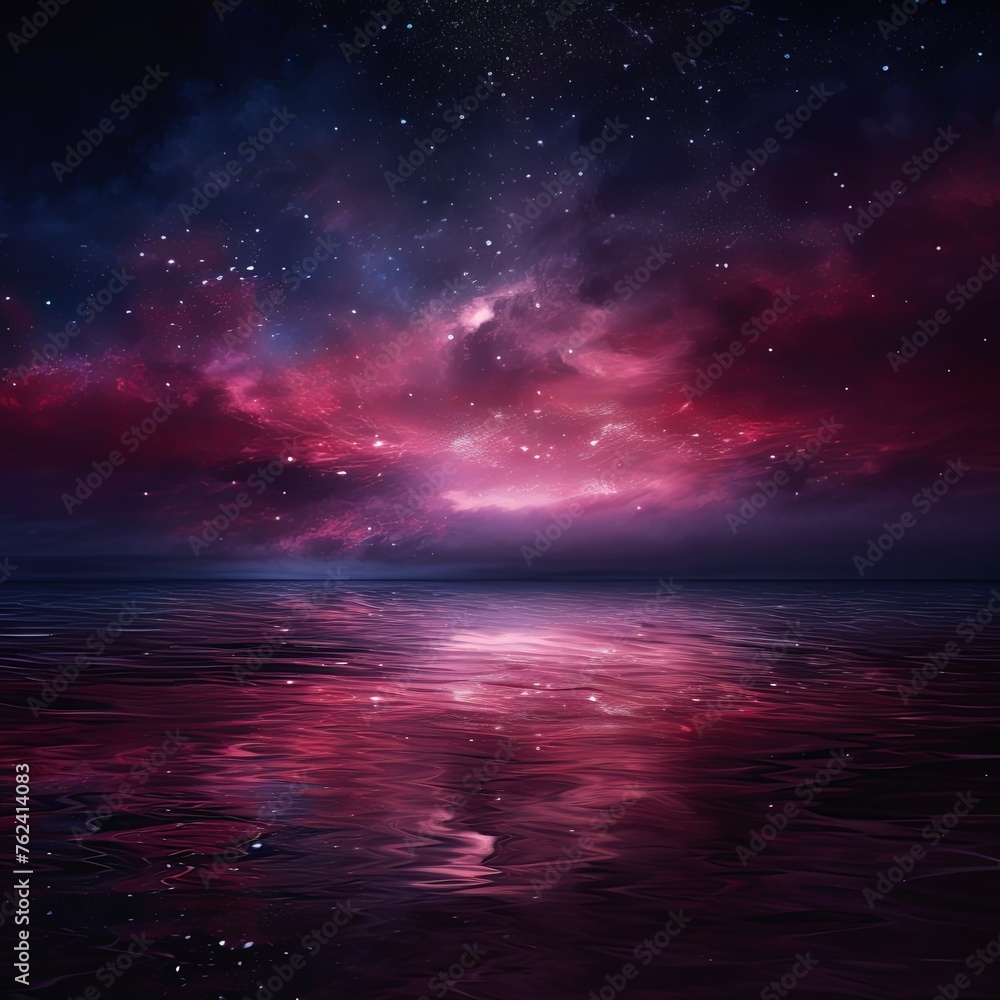 A black sky maroon background light water and stars