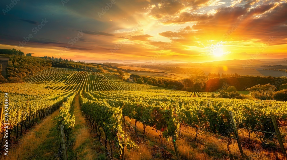 The sun is casting a warm glow as it sets over rows of grapevines in a vineyard. The sky is painted with shades of orange and pink, creating a serene atmosphere.