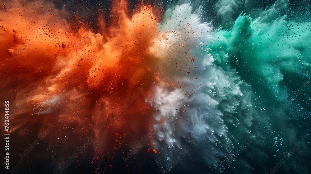 Fototapeta premium Red, white and green color powder explosion in the shape of Italy flag on black background 3