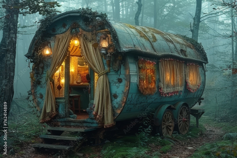 Wagon of a gypsy fortune-teller at the edge of a misty forest. Colorful drapes hang from windows and flickering lanterns around the exterior. Concept of predicting future, divination and mysticism - obrazy, fototapety, plakaty 