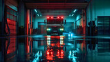 Firefighting truck parked at night in a garage of a fire department building. Fireman 911 emergency service vehicle, nighttime lights