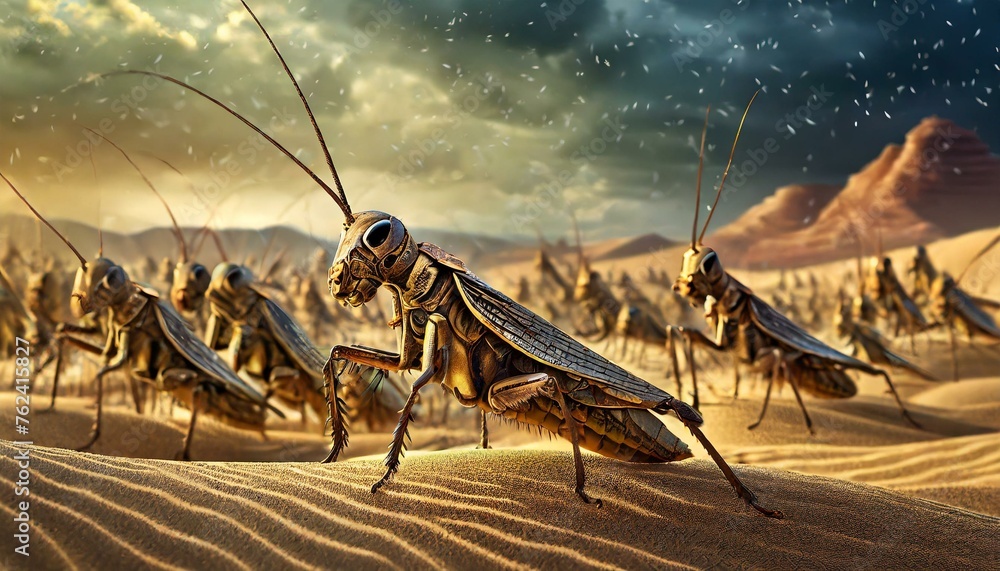 Titel: Exodus: The Plague of Locusts - God's Eighth Plague on Egypt. Bible. - obrazy, fototapety, plakaty 