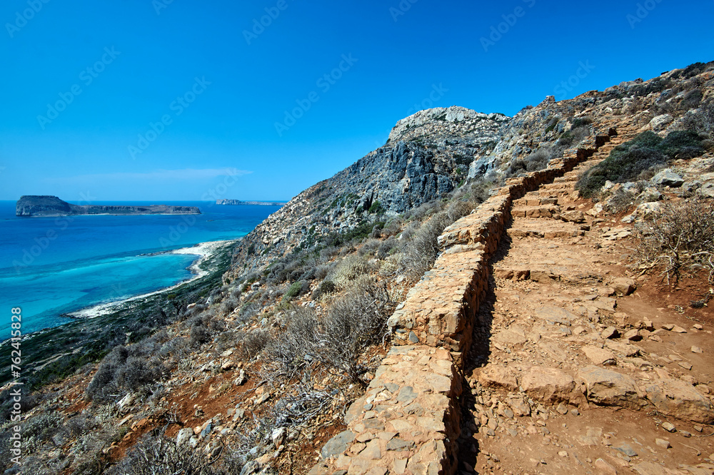 rocky hiking trail in the mountains above the Balos Lagoon on the island of Crete