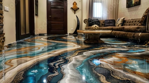 Beautiful and modern marble floor covering with epoxy and resin. Expensive but long life. Generative AI © Dvid