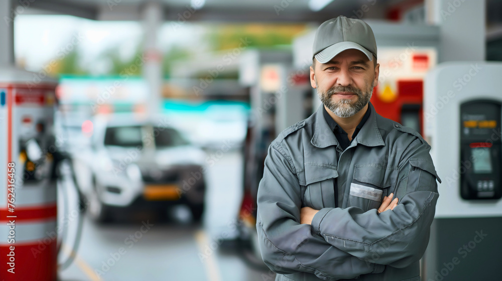 Middle aged gas station worker or employee, man with the beard wearing gray uniform and a cap, looking at the camera and smiling. Luxurious modern car and petroleum fuel pumps in the background Middle aged gas station worker or employee, man with the beard wearing gray uniform and a cap, looking at the camera and smiling. Luxurious modern car and petroleum fuel pumps in the background