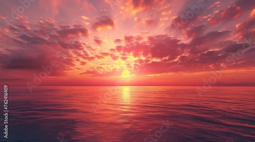 The sun setting in a blaze of orange and pink hues over the vast expanse of the ocean. The sky is filled with fluffy white clouds, creating a dramatic and stunning scene.