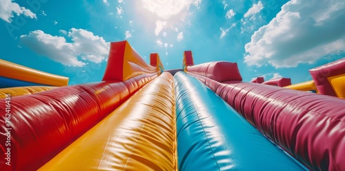 colorful inflatable castle for children on a sunny day