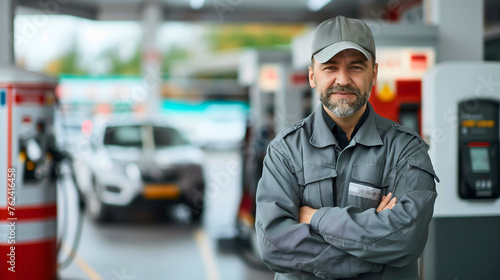 Middle aged gas station worker or employee, man with the beard wearing gray uniform and a cap, looking at the camera and smiling. Luxurious modern car and petroleum fuel pumps in the background