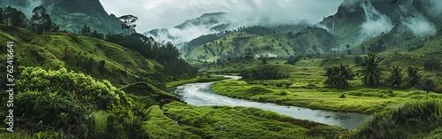 A detailed painting of a river meandering through a vibrant valley filled with rich greenery  showcasing the beauty of nature in a serene setting.