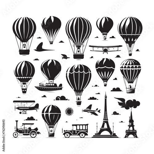 Majestic Hot Air Balloon Silhouette Spectacle - A Dreamy Voyage Through Skies of Imagination with Hot Air Balloon Illustration - Minimallest Air Balloon Vector
