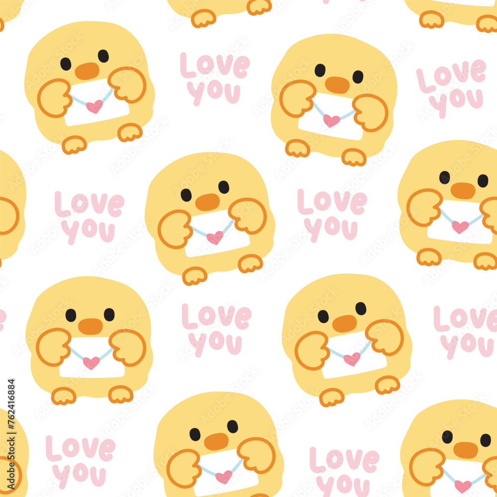 Seamless pattern of cute chicken with paper mail with love you text on white background.Farm animal character cartoon design.Valentines day.Kawaii.Vector.Illustration.