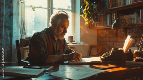 A man is sitting at a desk in front of a window. He appears to be writing or working on something. The room is well-lit by natural light coming in through the window. photo