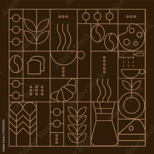 Hand drawn illustration of Bakery and Coffee. Icons. Abstract geometric line background. Gold luxury. Pattern for cover design, food package, menu, background, café wall, coffee shop, web banner