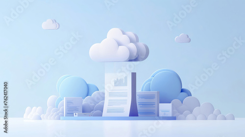A conceptual 3D illustration depicting documents among stylized cloud shapes photo