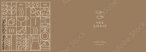 Web banner. Hand drawn illustration of Bakery and Coffee. Icons. Bread, bakery products,  dish, food processor, wheat. Abstract geometric line background. Gold luxury